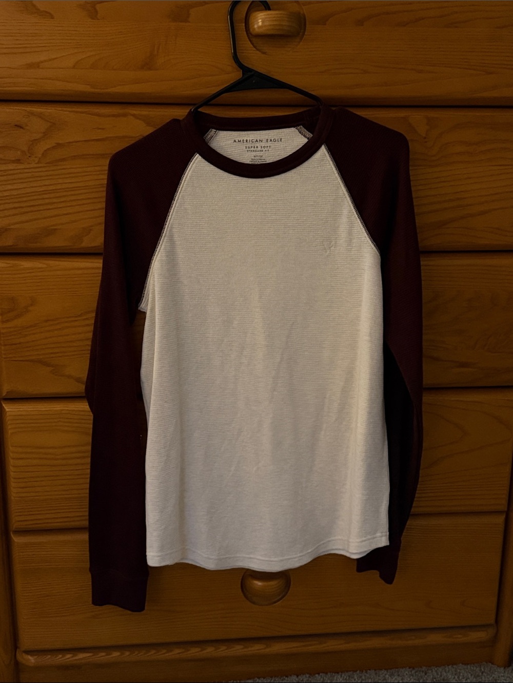 American Eagle Outfitters Long Sleeve Raglan Tee in White and Burgundy